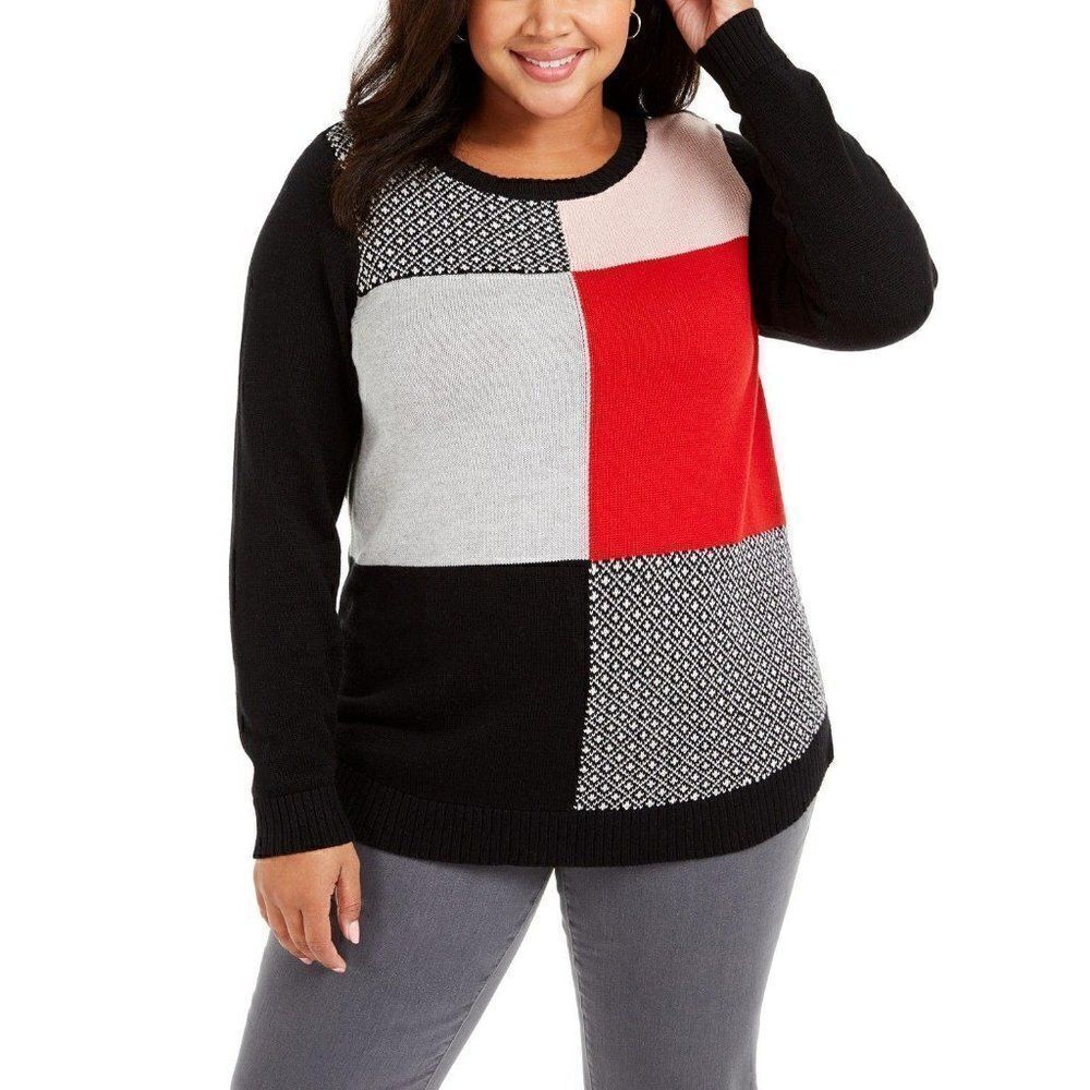 Plus Size Black/Grey/White Patchwork Sweater Top